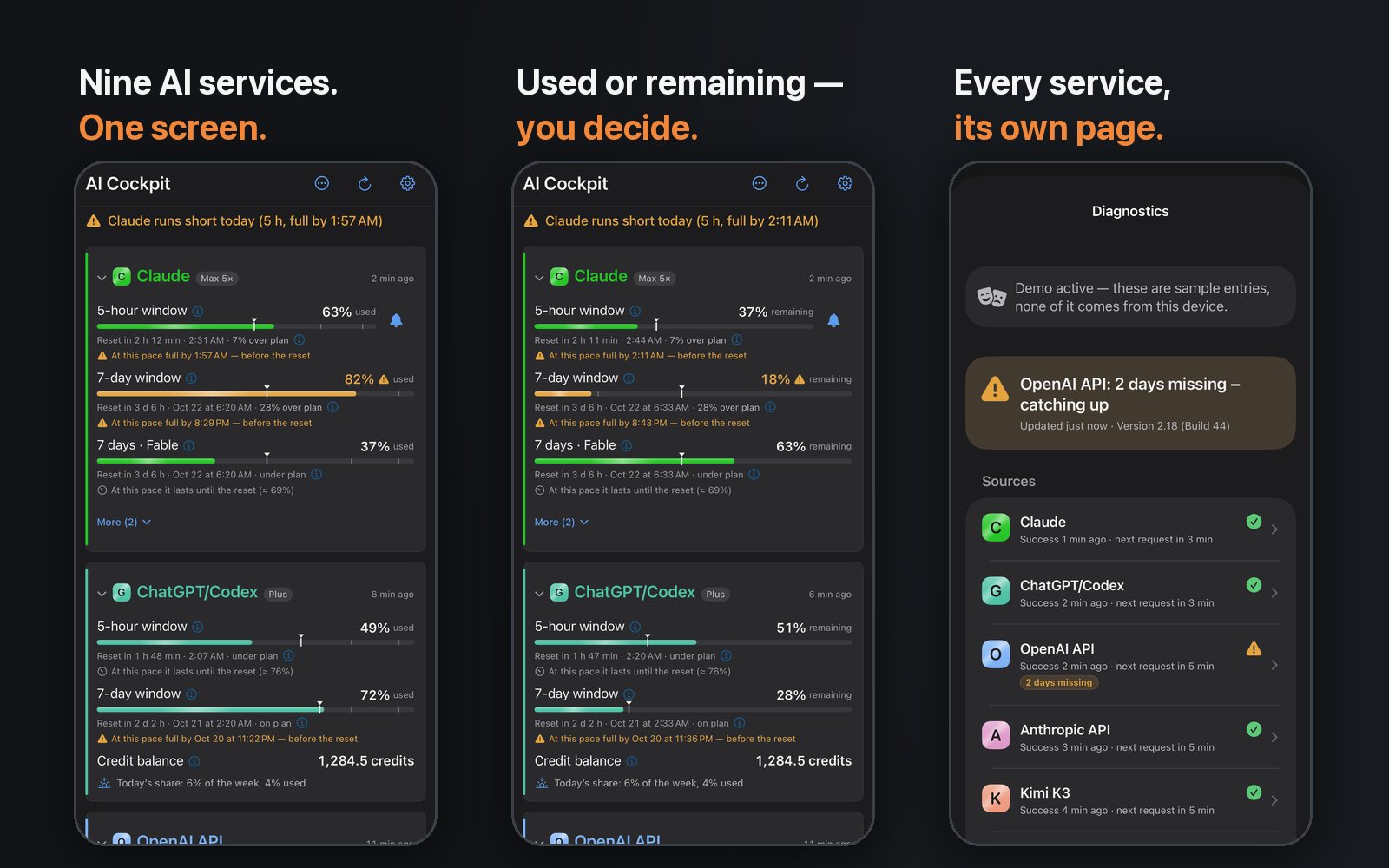 Three iPhone screens: all nine services, quotas shown as remaining, and the new Diagnostics page