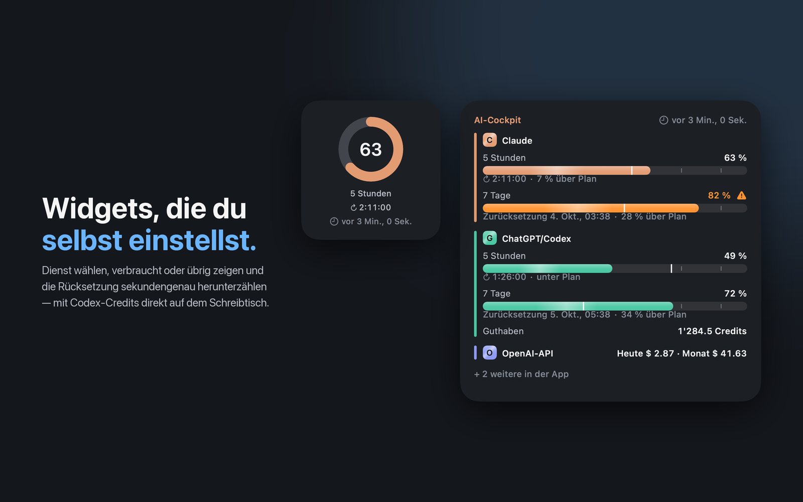 Ein kleines und ein grosses Schreibtisch-Widget am Mac mit laufendem Countdown, Zeitmarken und Codex-Guthaben