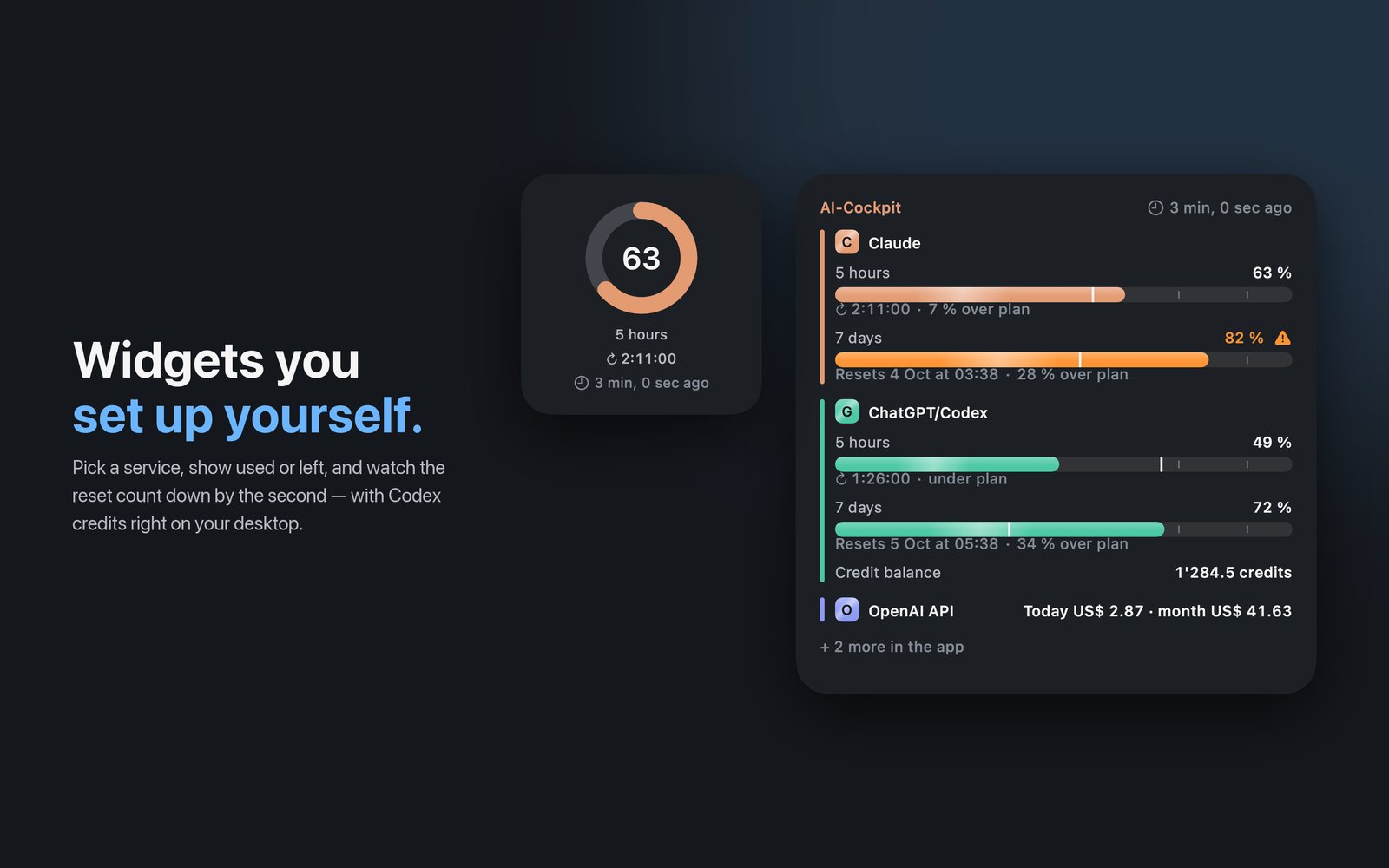 A small and a large Mac desktop widget with a live countdown, time markers and the Codex credit balance